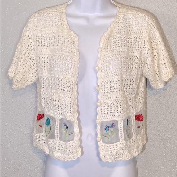 VNTG Teddi Cropped White Crochet Cardigan with Sheer Windows & Floral Embroidery - Picture 1 of 10